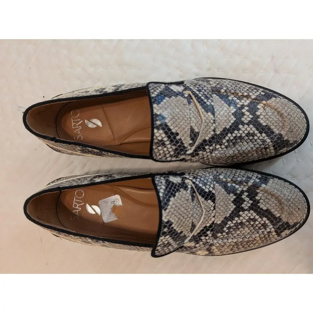 Franco Sarto Snakeskin Leather Loafers Size 8 Chunky Lug Sole Slip On Flats